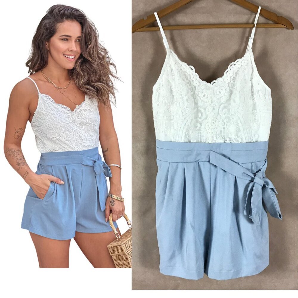 White & Blue Summer Romper LARGE